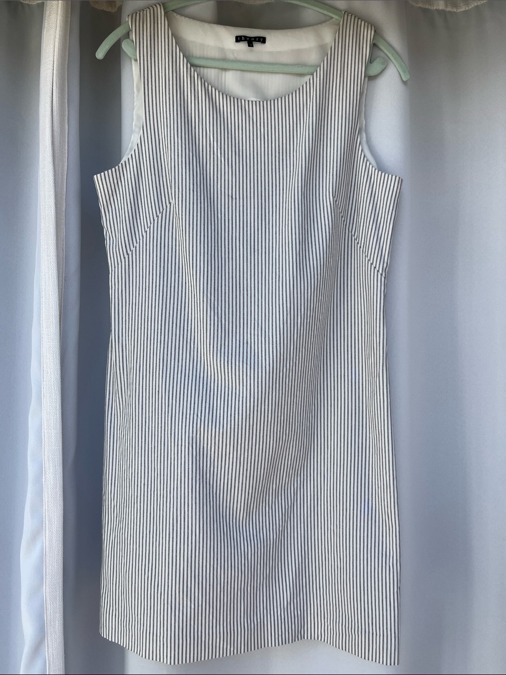 Theory Sleeveless Pinstripe Shift Dress in White and Black